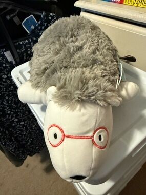 Weighted Pillowfort Gray and Cream Plush Hedgehog with Red Embroidered Glasses